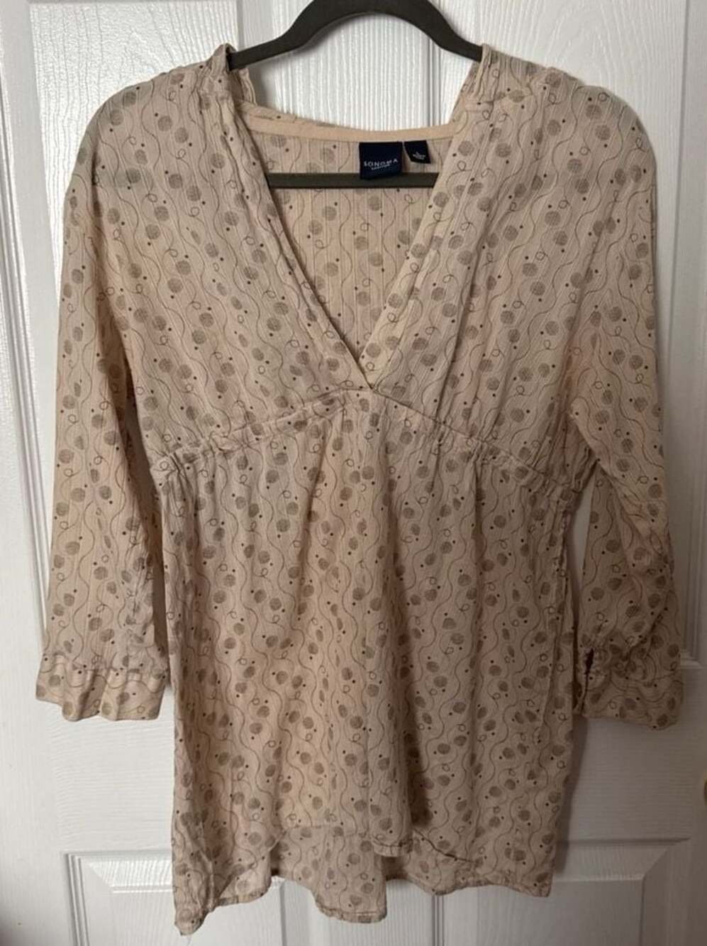 Sonoma Goods For Life Beige Ditsy Floral V-Neck 3/4 Sleeve Babydoll Tunic